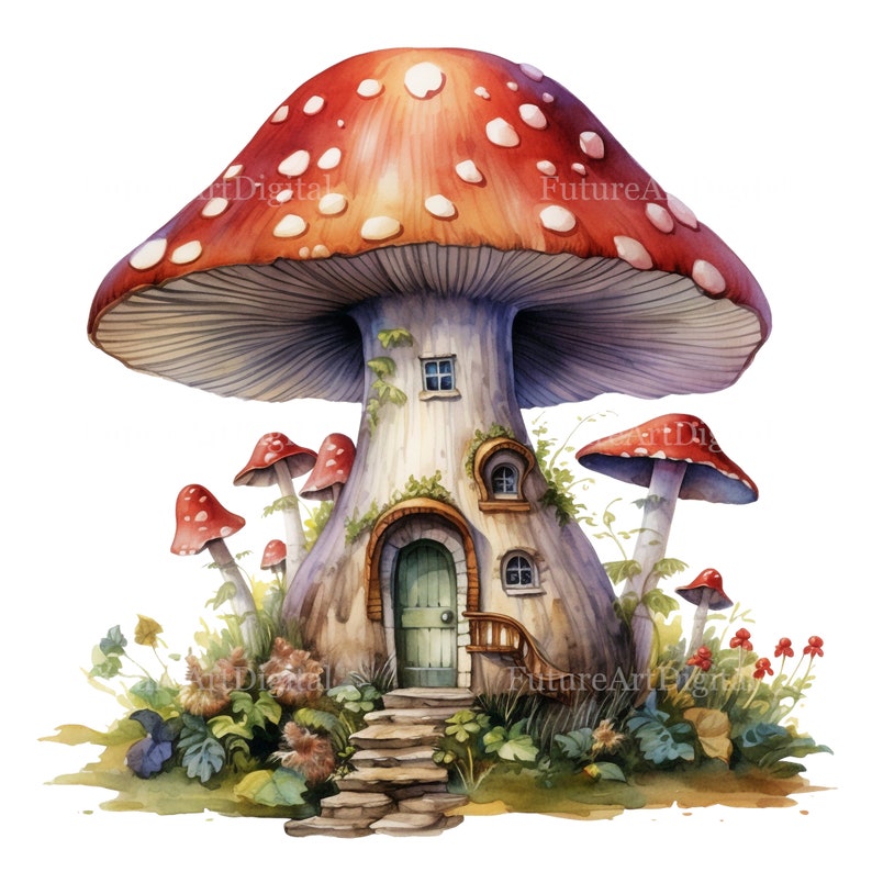 Set of 8 Watercolor Mushroom House Digital Clipart, Mushroom Fairy ...