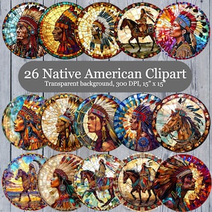 26 Clipart di vetro colorato nativo americano, PNG nativo, Clipart indiano, Clipart indigeno, Sfondo trasparente, Uso commerciale