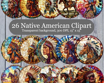 26 Native American Stained Glass Clipart, Native PNG, Indian Clipart, Indigenous Clipart,Transparent Background, Commercial Use