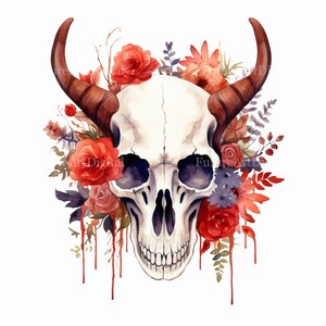 Aquarell Teufel Schädel mit roten Rosen digitale Clipart, Teufel druckbare Wandkunst, Teufel Schädel Sublimation PNG