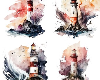 Watercolor Lighthouse Sublimation PNG, Lighthouse Digital Clipart, Lighthouse Printable Wall art, Digital Download