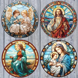 May include: Four stained glass window panels depicting religious figures. The top left panel shows two angels with wings, the top right panel shows Jesus wearing a red robe, the bottom left panel shows a woman in a blue robe, and the bottom right panel shows Mary holding baby Jesus.