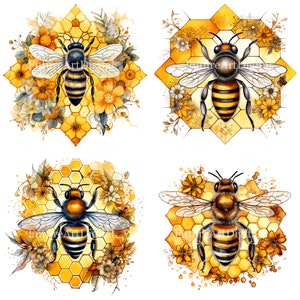 Puede incluir: Cuatro ilustraciones digitales de abejas con rayas amarillas y negras, rodeadas de panales y flores amarillas. Las abejas están en un estilo acuarela.