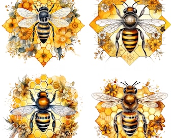 Acquerello Honey Bee con fiori Digital Clipart, Honey Bee Sublimation PNG, Bee Printable Wall art, Download digitale
