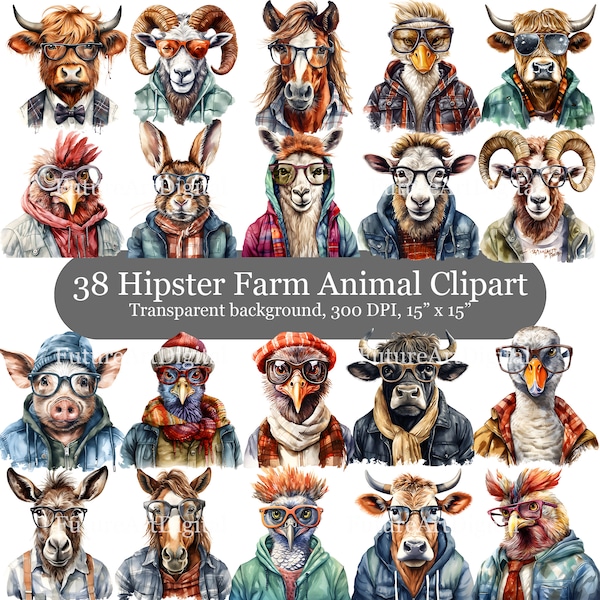 38 Watercolor Hipster Farm Animals, Hipster Farm Animal Clipart Bundle, Dressed Farm Animals Sublimation PNG, Digital Download