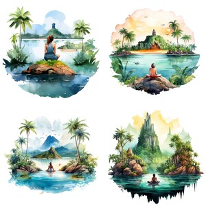 Acquerello Yoga Island Digital Clipart, Beautiful Island Sublimation PNG, arredamento Yoga Studi stampabile
