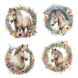 Watercolor Pony in a Floral Wreath Sublimation PNG, Pony Digital Clipart, Pony Printable Wall art