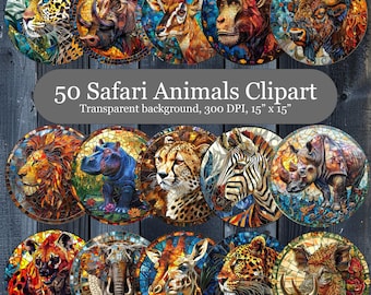 50 Stained Glass Safari Animal Digital Clipart, Safari Animals Sublimation PNG Bundle, Wild Animal Suncatcher Sublimation Clipart