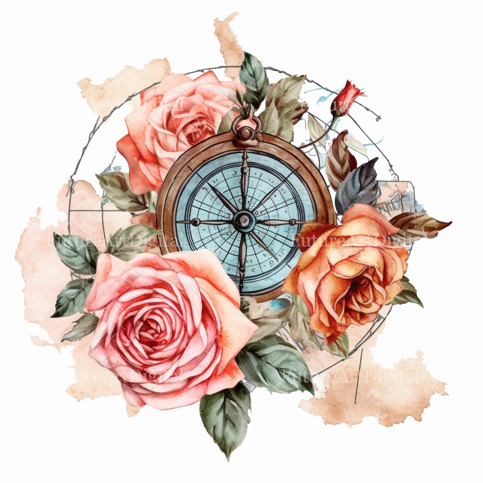 Watercolor Compass With Roses Sublimation PNG, Compass Digital Clipart ...
