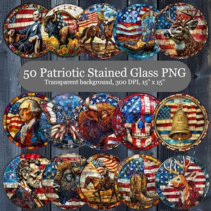 50 Patriotic Stained Glass Clipart, American Flag Stained Glass PNG Bundle, Usa Flag Printable Sublimation Clipart