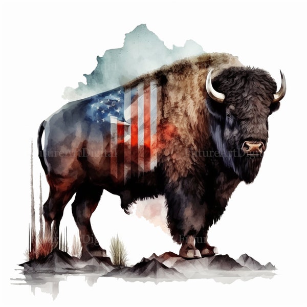 Watercolor American Bison Sublimation PNG, Patriotic Bison Digital Clipart, American Flag with Bison Printable Wall art