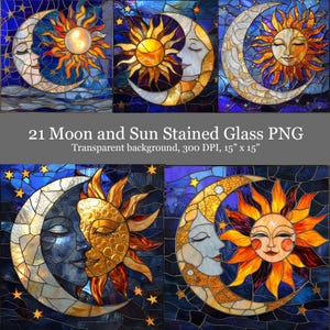 Op de afbeelding: Gebrandschilderde kunst met de zon en de maan. De afbeeldingen tonen een maan met een gezicht en een zon met een gezicht. De tekst luidt "21 Moon and Sun Stained Glass PNG, Transparent background, 300 DPI, 38 cm x 38 cm". De kunst is op een donkerblauwe achtergrond.