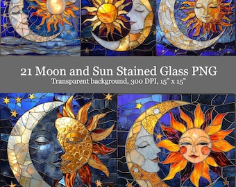 Moon and Sun Stained Glass PNG, Printable Celestial Stained Glass Digital Papers, Celestial Stained Glass Sublimation Design