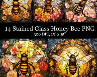 14 Stained Glass Honey Bee PNG, Bee Tumbler Wrap Design, Stained Glass Honey Bee Sublimation PNG, Stained Glass PNG, Commercial Free