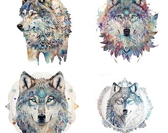 Watercolor Mandala Wolf Sublimation PNG, Wolf Digital Clipart, Wolf Printable Wall art, Digital Download
