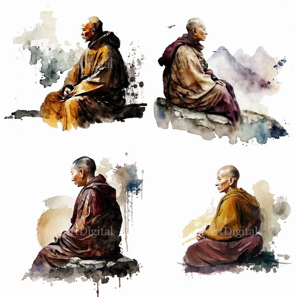 Watercolor Tibetan Monk Digital Clipart, Tibetan Monk Sublimation PNG, Tibetan Monk Printable Wall art