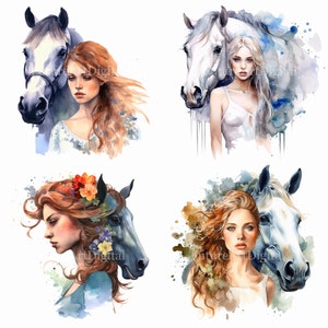Acuarela chica con caballo digital clipart, caballo con mujer joven sublimación PNG, arte de pared imprimible caballo