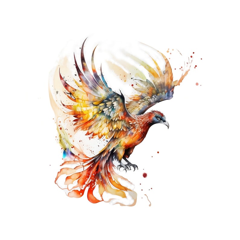 K&ouml;nnte beinhalten: Aquarellmalerei eines bunten Vogels mit ausgebreiteten Fl&uuml;geln. Der Vogel ist in Orange-, Gelb-, Rot- und Blaut&ouml;nen gemalt. Der Hintergrund ist ein wei&szlig;er Aquarell-Wasch.