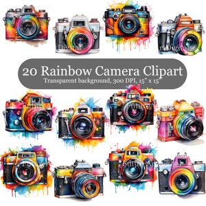 20 Aquarell Regenbogen Kamera digitale Clipart, Kamera Sublimation Clipart Bundle, Kamera mit Regenbogen Splash druckbare Wandkunst