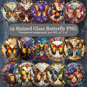 Gebrandschilderd glas vlinder bundel, 19 ronde gebrandschilderd glas clipart, Butterfly wind spinner sublimatie PNG, digitale download, commercieel gebruik