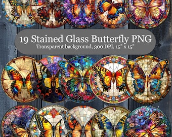 Stained Glass Butterfly Bundle, 19 Round Stained Glass Clipart, Butterfly Wind Spinner Sublimation PNG, Digital Download, Commercial Use