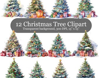 12 Imágenes prediseñadas digitales del árbol de Navidad de acuarela, PNG de invitación de Navidad, arte de pared imprimible del árbol de Navidad, PNG transparente del árbol de Navidad