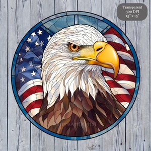 Stained Glass Bald Eagle with American Flag Digital Clipart, Bald Eagle Printable Wall art, Stained Glass Window art