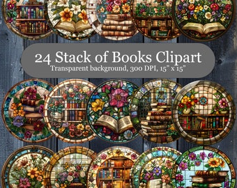 24 Books Stained Glass Sublimation Designs, Stained Glass Stack of Books, Stained Glass PNG, Faux Stained Glass, Commercial Use