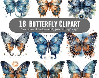 18 Watercolor Butterfly Card Making Clipart, Gorgeous Butterfly Sublimation PNG Bundle, Butterfly Printable Wall art