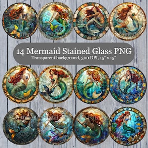 14 Meerjungfrau Glasmalerei PNG, Meerjungfrau Clipart Bündel, Untersetzer Sublimation PNG, Suncatcher Sublimation Clipart, freie kommerzielle Nutzung