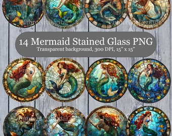 14 Mermaid Stained Glass PNG, Mermaid Clipart Bundle, Coaster Sublimation PNG, Suncatcher Sublimation Clipart, Free Commercial Use