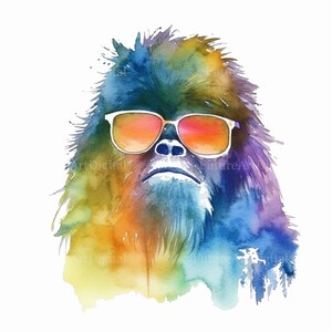 Watercolor Bigfoot Wearing Sunglasses Sublimation PNG. Bigfoot