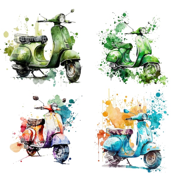 Watercolor Vespa Sublimation PNG, Green Vespa Digital Clipart, Vespa Printable Wall art, Digital Download