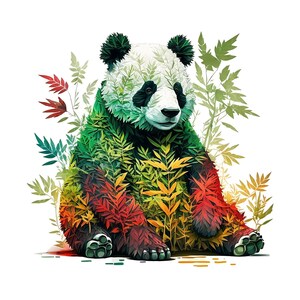 May include: A stylized illustration of a panda bear made up of green, yellow, and red leaves. The panda is sitting with its legs crossed and its head tilted to the side.