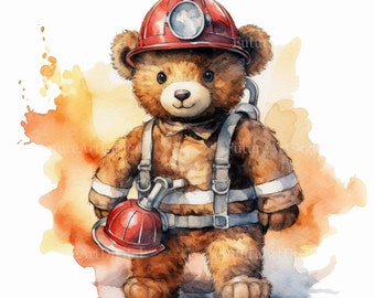 Watercolor Firefighter Teddy Bear Sublimaiton PNG, Firefighter Teddy Digital Clipart, Teddy Bear Printable Wall art