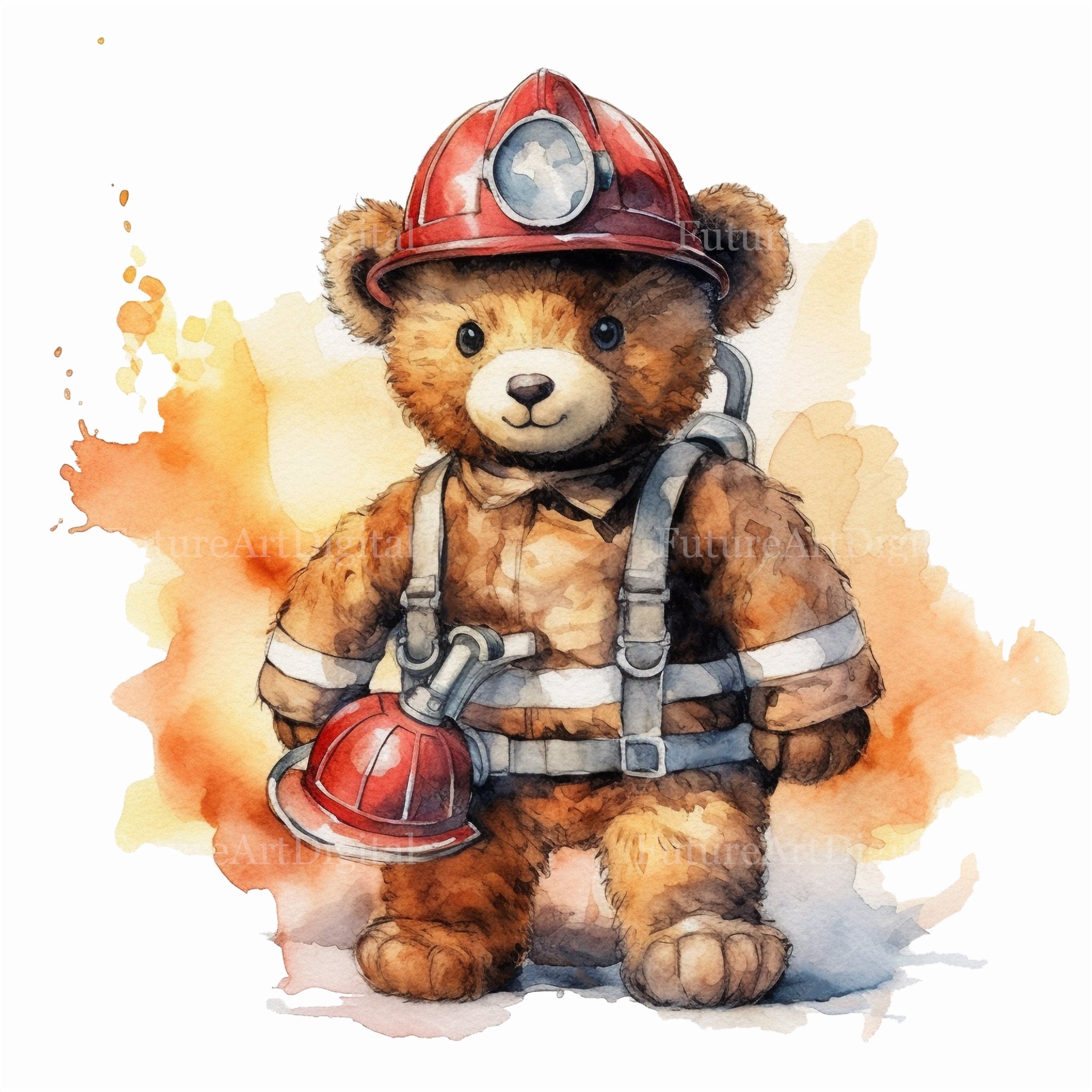 Watercolor Firefighter Teddy Bear Sublimaiton PNG Firefighter