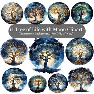 Bundle de cliparts numérique aquarelle arbre de vie, 11 arbre de vie avec sublimation de la lune PNG, arbre de vie des cliparts fabrication de cartes