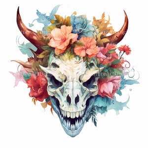 Watercolor Dragon Skull with Flowers Digital Clipart, Dragon Skull Sublimation PNG, Dragon Printable Wall art