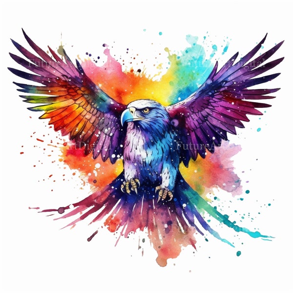 Watercolor Rainbow Eagle Digital Clipart, Rainbow Bald Eagle Sublimation PNG, Bald Eagle Printable Wall art