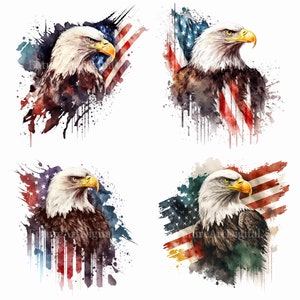 Watercolor Bald Eagle with American Flag Digital Clipart, Patriotic Eagle Printable Wall art, Bald Eagle Sublimation PNG