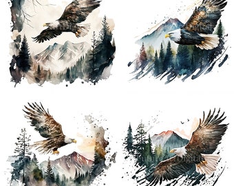 Watercolor Flying Bald Eagle Sublimation PNG, Bald Eagle with Forest and Mountain Digital Clipart, Bald Eagle Printable Wall art