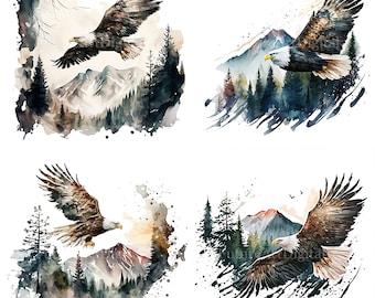 Watercolor Flying Bald Eagle Sublimation PNG, Bald Eagle with Forest and Mountain Digital Clipart, Bald Eagle Printable Wall art