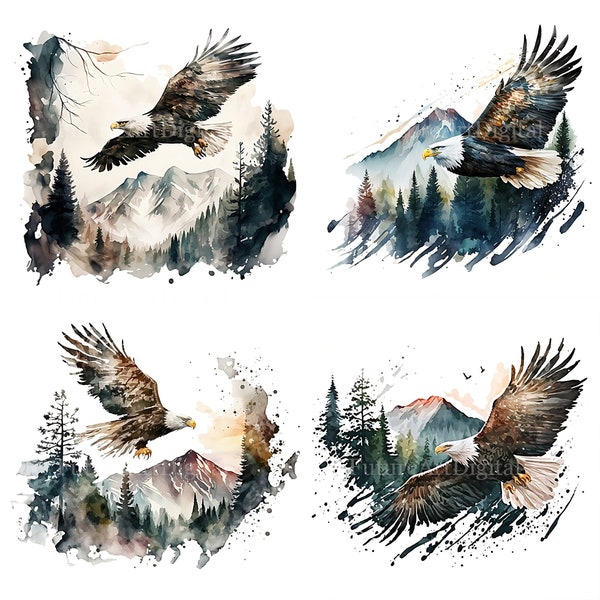 Watercolor Flying Bald Eagle Sublimation PNG, Bald Eagle with Forest and Mountain Digital Clipart, Bald Eagle Printable Wall art