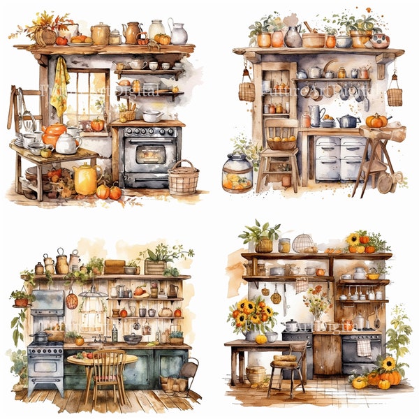 Watercolor Rustic Country Kitchen Sublimation PNG, Country Kitchen Digital Clipart, Rustic Kitchen Printable Wall art