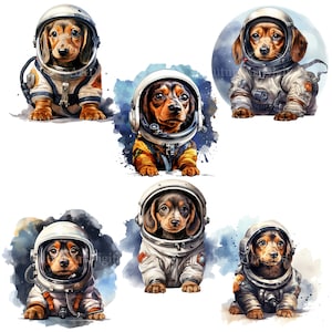 Aquarell Astronaut Dackel Digitale Clipart, Dackel Welpe Druckbare Kinderzimmer Wandkunst, Dackel Astronaut Sublimation PNG