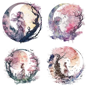 Watercolor Fairy with Cherry Blossom Tree Sublimation PNG, Cherry Blossom Tree with Fairy Digital clipart, Fairy Printable Wall art