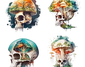 Watercolor Mushroom Skull digital Clipart, Skull Sublimation PNG, Skull with Mushroom Printable Wall art