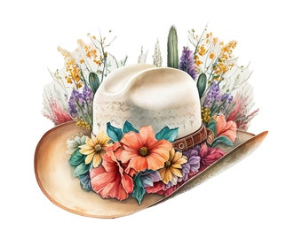 Watercolor Cowboy Hat Sublimation PNG, Cowboy Hat Digital Clipart, Cowboy Hat with Flowers Printable Wall art
