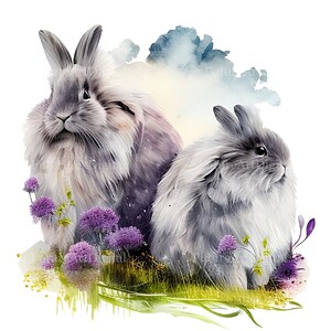 Watercolor Grey Angora Bunny Couple Sublimation Clipart, Angora Bunnies ...