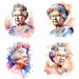 Watercolor Queen Elizabeth II Sublimation PNG, Queen Elizabeth Digital Clipart, Queen of England Printable Wall art